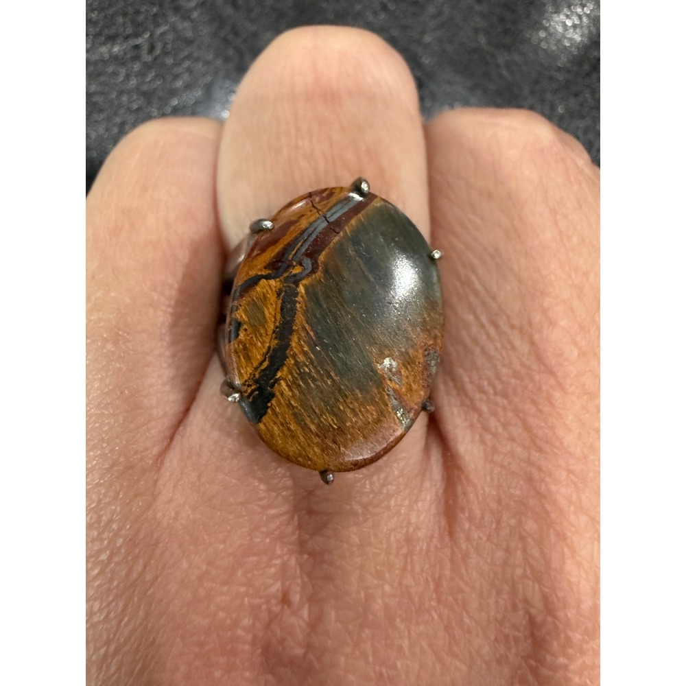 Vintage Sterling Silver Pietersite Tiger Iron Large Oval Statement Ring Boho